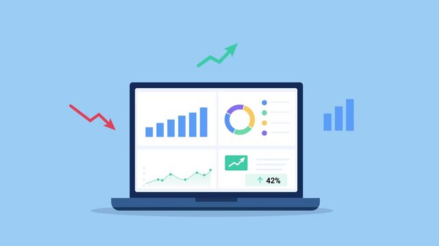 Animated flat business dashboard on a laptop screen featuring charts, growth trends, analytics metrics, and floating data elements. Ideal for finance, technology, reporting, and digital business conce