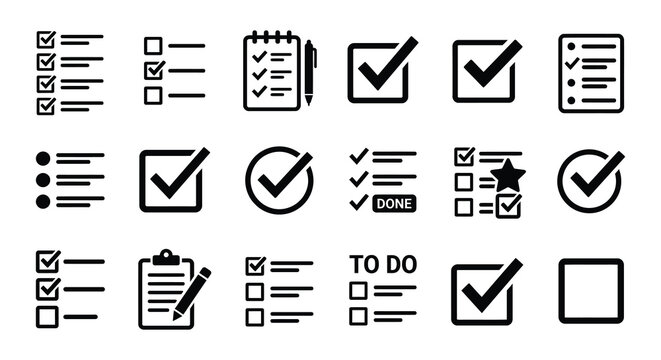Checkmark And List Icons Flat Vector Symbols On White Background