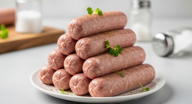 A stack of raw sausages on a white plate with herbs, closeup view