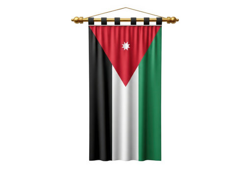Vertical hanging banner with the flag of jordan on a gold rod isolated on transparent background