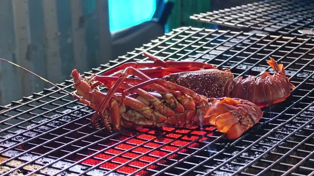 A fishing village in Vietnam. A local villager grills a lobster. Home grilled cooked. Lobster cooking over hot coals on a rustic barbecue grill grate. 