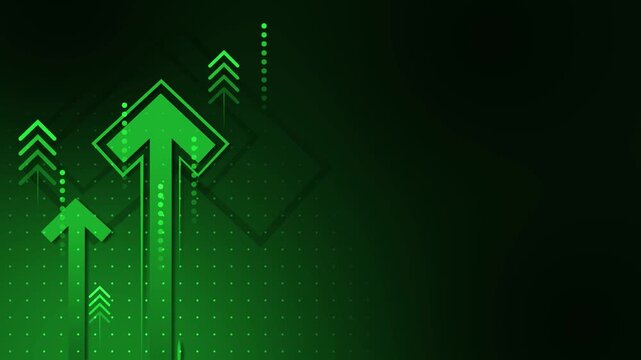 Abstract dark background with upward-pointing neon arrows and dotted grid pattern animation