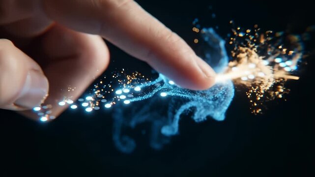 Human Finger Touching Glowing Digital Magic Particle Stream