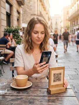 Young woman scanning a QR code with her smartphone at an outdoor cafe for a digital menu or contactless payment