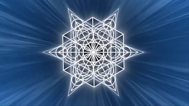 A complex, symmetrical, glowing white geometric symbol that forms a pattern like an eight-horned star or a geometric mandala.