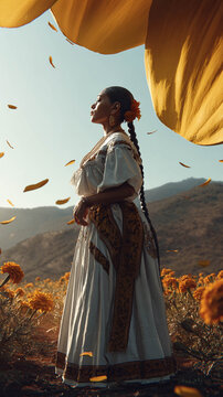 Folkloric Mexican Dancer Among Marigolds with Golden Petals Flying in Sunset Mountain Landscape
