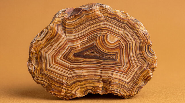 Macro close‑up of layered chert nodule with concentric bands on solid warm ochre background