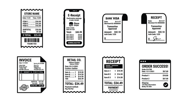 Collection Of Various Receipts And Invoices Flat Vector Illustration