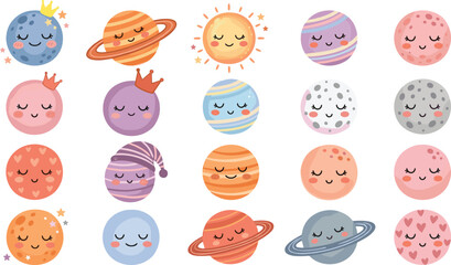 Cute sleeping planet vector set featuring cartoon solar system characters, smiling cosmic emoticons with crowns and nightcaps for celestial nursery room decor designs. © Kuddus