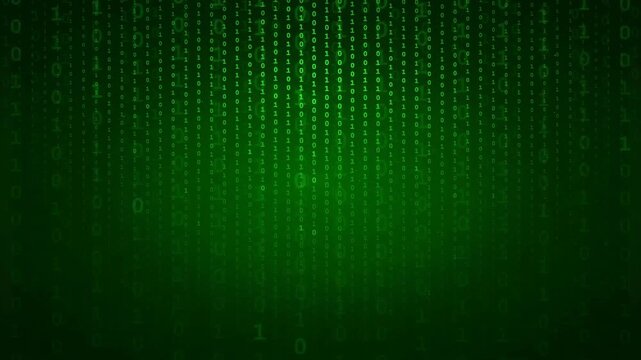 Abstract digital green binary code raining down on a dark background for technology concepts