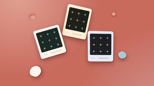 Three stylized instant photo frames displaying colorful grid patterns on brown background.