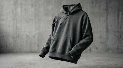 Naklejka premium Minimalist blank black hoodie mockup floating in empty concrete studio room