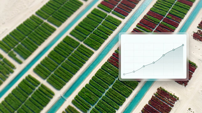Premium halophyte agriculture carbon credit platform UI tracking desert sequestration yields over minimalist saltwater irrigated crop fields aerial view