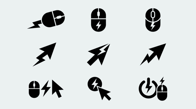 Black computer icons with lightning bolts, combining mouse, cursor, shield, and gear symbols to represent speed, power, and high performance.