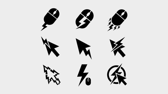 Black computer icons with lightning bolts, combining mouse, cursor, shield, and gear symbols to represent speed, power, and high performance.