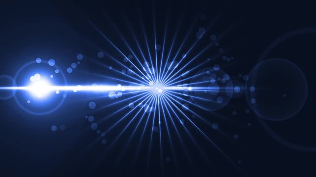 Starburst and horizontal lens flare across dark background animation, glowing bokeh orbs