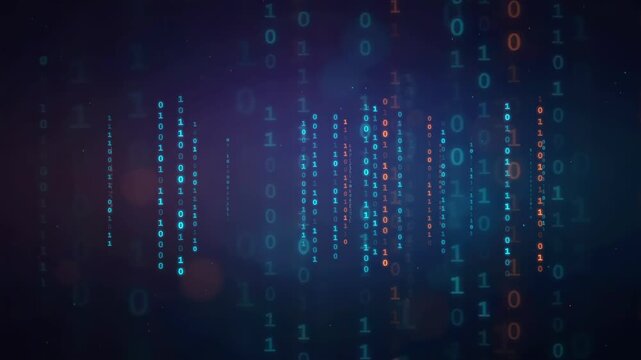 Abstract digital binary code data stream flowing through dark blue and purple cyberspace background