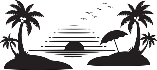 Tropical beach scene with palm trees and flying birds silhouette at sunset © DS STORE