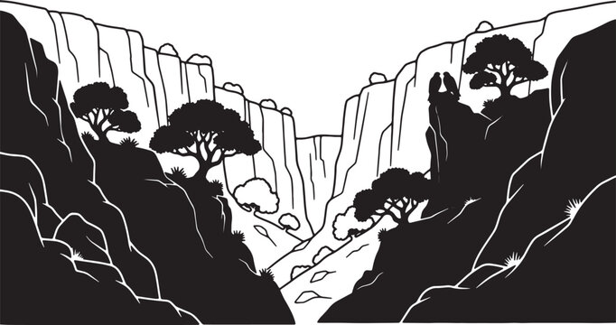 Black and white vector silhouette of a deep mountain gorge featuring high limestone cliffs, rugged terrain, scattered oak trees, and two birds perched on a rocky peak overlooking the valley.