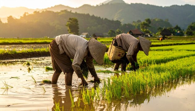 Farmers, knee-deep in the waterlogged paddy field, are manually harvesting the rice,