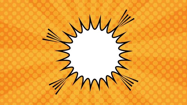 Blank comic book speech bubble animation on a bright yellow pop art background with halftone dots and retro sunburst rays
