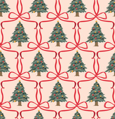 Obraz premium Christmas tree and red ribbon bow seamless pattern, elegant holiday background. can be used for Xmas wrapping paper, festive fabric textiles, wallpaper, winter gift packaging. Vector illustration