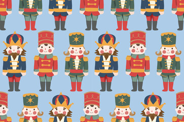 Fototapeta premium Cute nutcracker seamless pattern, Merry Christmas soldier characters background for holiday. for Xmas wrapping paper, festive fabric textiles, wallpaper, winter gift packaging. Vector illustration