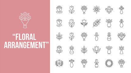 Naklejka premium Set of black and white line art icons depicting various floral arrangements and blooming flowers