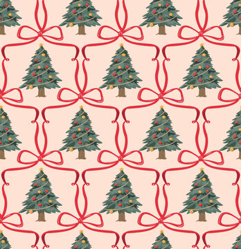Christmas tree and red ribbon bow seamless pattern, elegant holiday background. can be used for Xmas wrapping paper, festive fabric textiles, wallpaper, winter gift packaging. Vector illustration