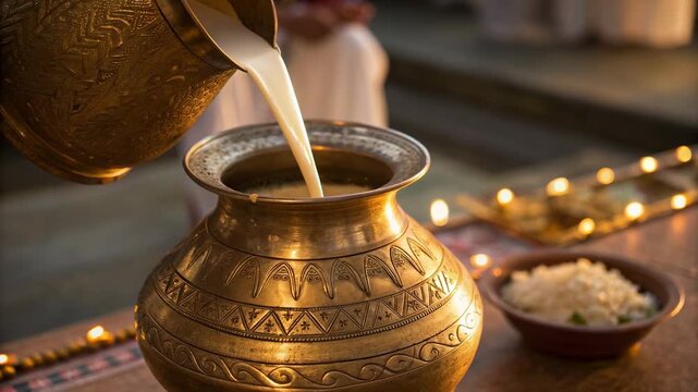 A street ritual in India where milk is poured into beautifully decorated brass pots under warm lights, creating a traditional, sacred, and joyful atmosphere.