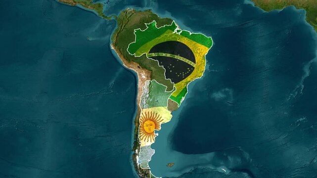 Brazil and Argentina Highlighted on the South America Map Animation