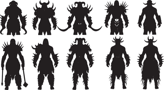 Collection of black silhouettes featuring fantasy warrior characters, barbarians, and gladiators with horned helmets, spiked armor, and medieval weapons on a white background.
