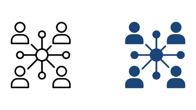 Centralized network communication icon set featuring people connected to a central hub in clean line art and flat blue design for corporate collaboration and team management visual concepts
