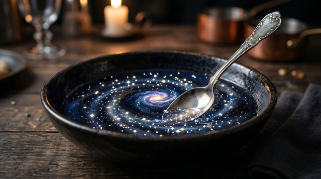 Funny Surreal Art: Vintage Silver Spoon Stirring Glowing Cosmic Stars into a Ceramic Bowl of Dark Night Sky