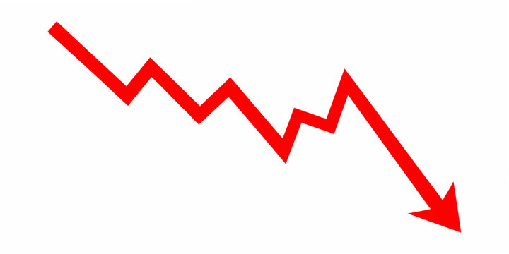 Red jagged arrow pointing down flat vector illustration on white background