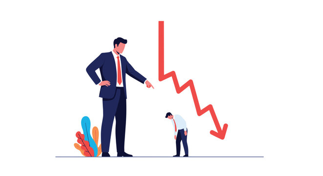 Powerful corporate executive points accusingly at a tiny intimidated employee standing next to a sharp downward trend line of failure.