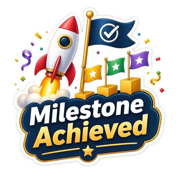 Milestone achieved celebration graphic with rocket and flags