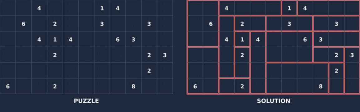 Shikaku logic puzzle series with numbered grids and rectangle division solutions. Clean vector illustration for brain teasers, printables, and activity books