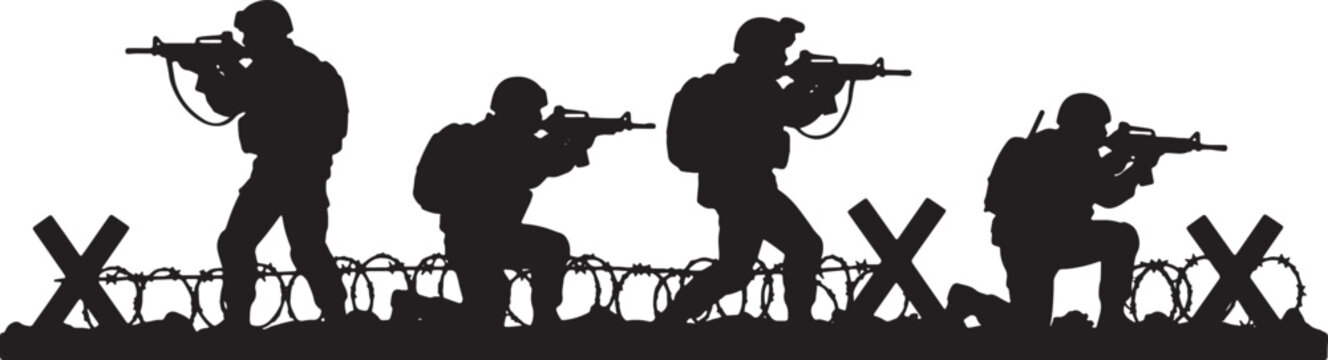 Black silhouette illustration of four military soldiers in tactical gear with rifles and helmets moving past barbed wire and anti-tank obstacles on a white background.