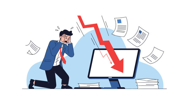 Devastated businessman on his knees in despair as he watches a sharp downward arrow on his computer screen while papers fly around.