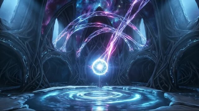 Glowing Energy Orb Inside a Mystical Alien Temple Hall