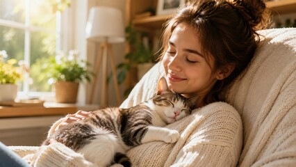 Young woman smiling while cuddling cat in cozy living room 