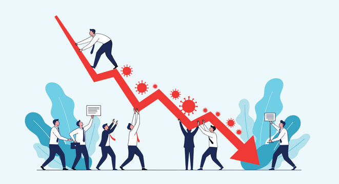 Team of determined professionals work together to push back a falling red arrow covered in virus icons representing economic recovery efforts.