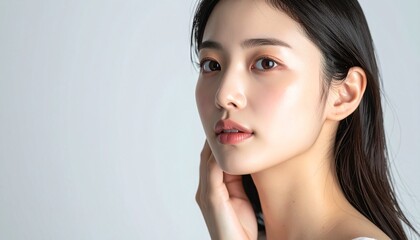 Fototapeta premium 透明感あふれる美容と明るく健康的な肌 / Japanese Young Woman Porcelain Skin — Luminous Whitening Glow, Flawless Translucent Complexion, Natural Makeup, Skin Brightening Beauty Commercial, Ultra-Realistic Cinematic, Half