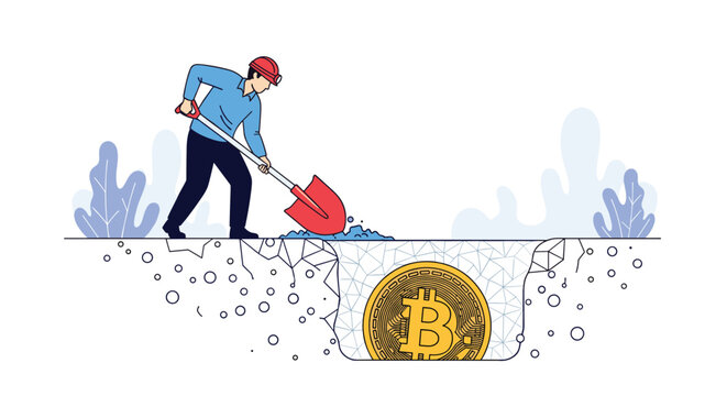 Determined miner using a shovel to uncover a large golden bitcoin buried deep in the ground representing cryptocurrency mining and investment.