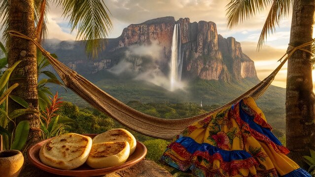 Hammock with arepas and joropo fabric overlooking waterfall, Venezuelan landscape and cuisine.