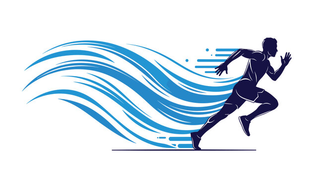 Fast running athlete silhouette with dynamic blue motion waves symbolizing speed, energy, and rapid progress during a race or sprint.