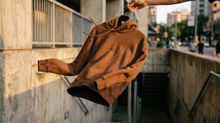 Obraz premium Dynamic shot of a stylish brown pullover hoodie, held by a hand and floating against a gritty urban concrete backdrop, capturing contemporary street fashion