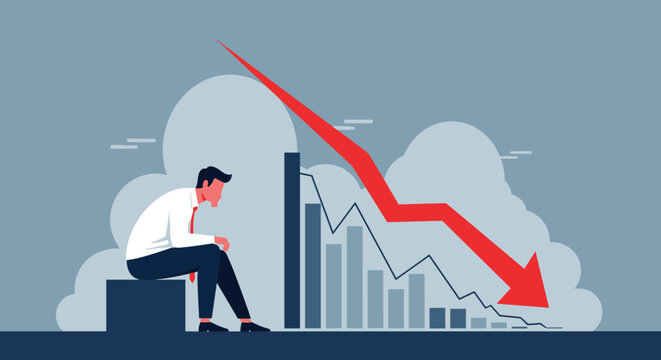 Businessman sitting in despair looking at a declining bar chart and a sharp red arrow pointing downwards representing a financial crisis.