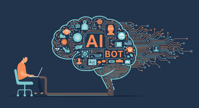 Tech professional working on a laptop connected to a giant digital brain labeled artificial intelligence and bot for smart automation.